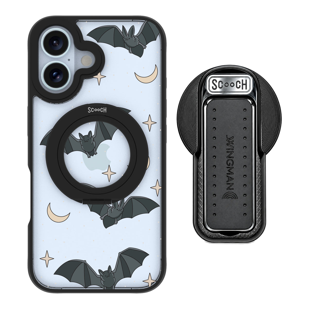 Scooch MagCase Batty Skies magsafe wingback bundle - black featuring the original Batty Skies print