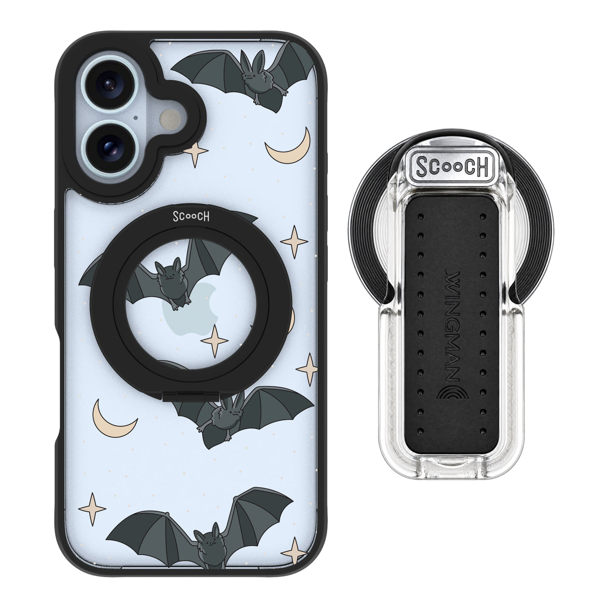 Scooch MagCase Batty Skies magsafe wingback bundle - clear featuring the original Batty Skies print