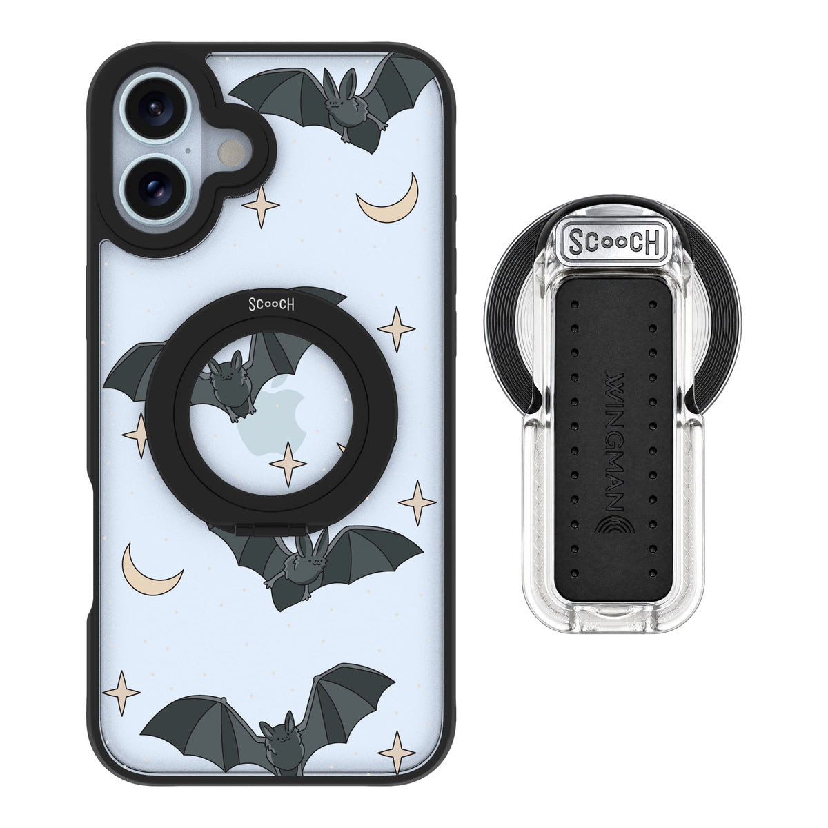 Scooch MagCase Batty Skies magsafe wingback bundle - clear featuring the original Batty Skies print