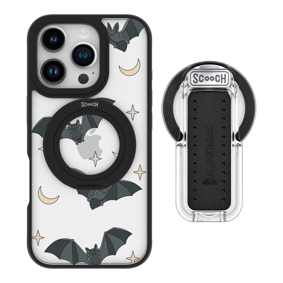 Scooch MagCase Batty Skies magsafe wingback bundle - clear featuring the original Batty Skies print