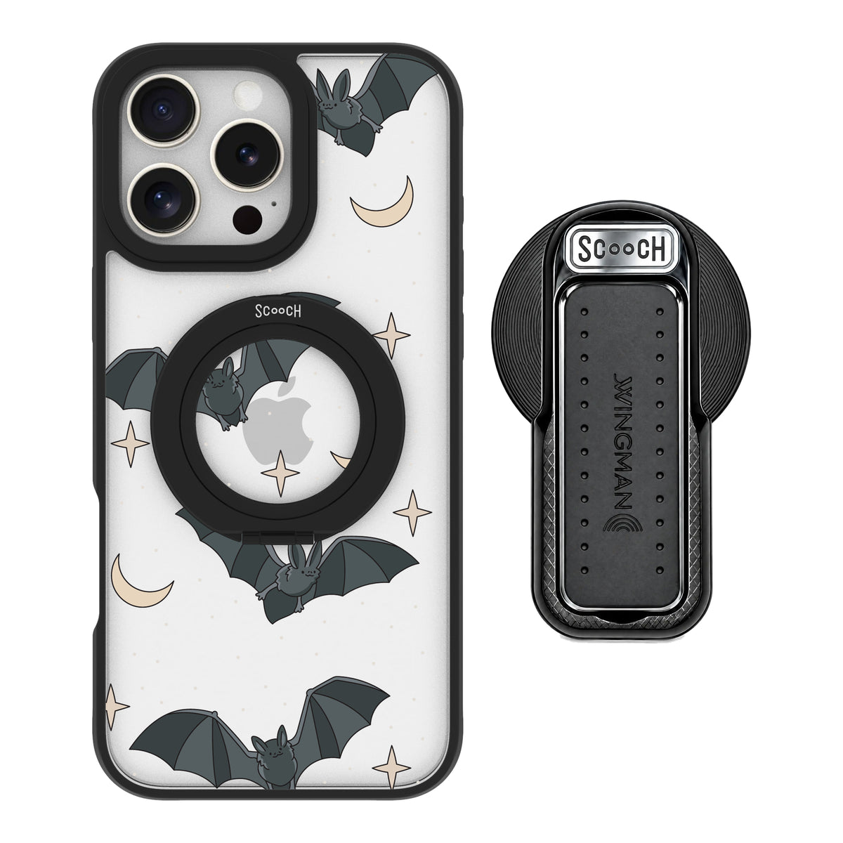 Scooch MagCase Batty Skies magsafe wingback bundle - black featuring the original Batty Skies print