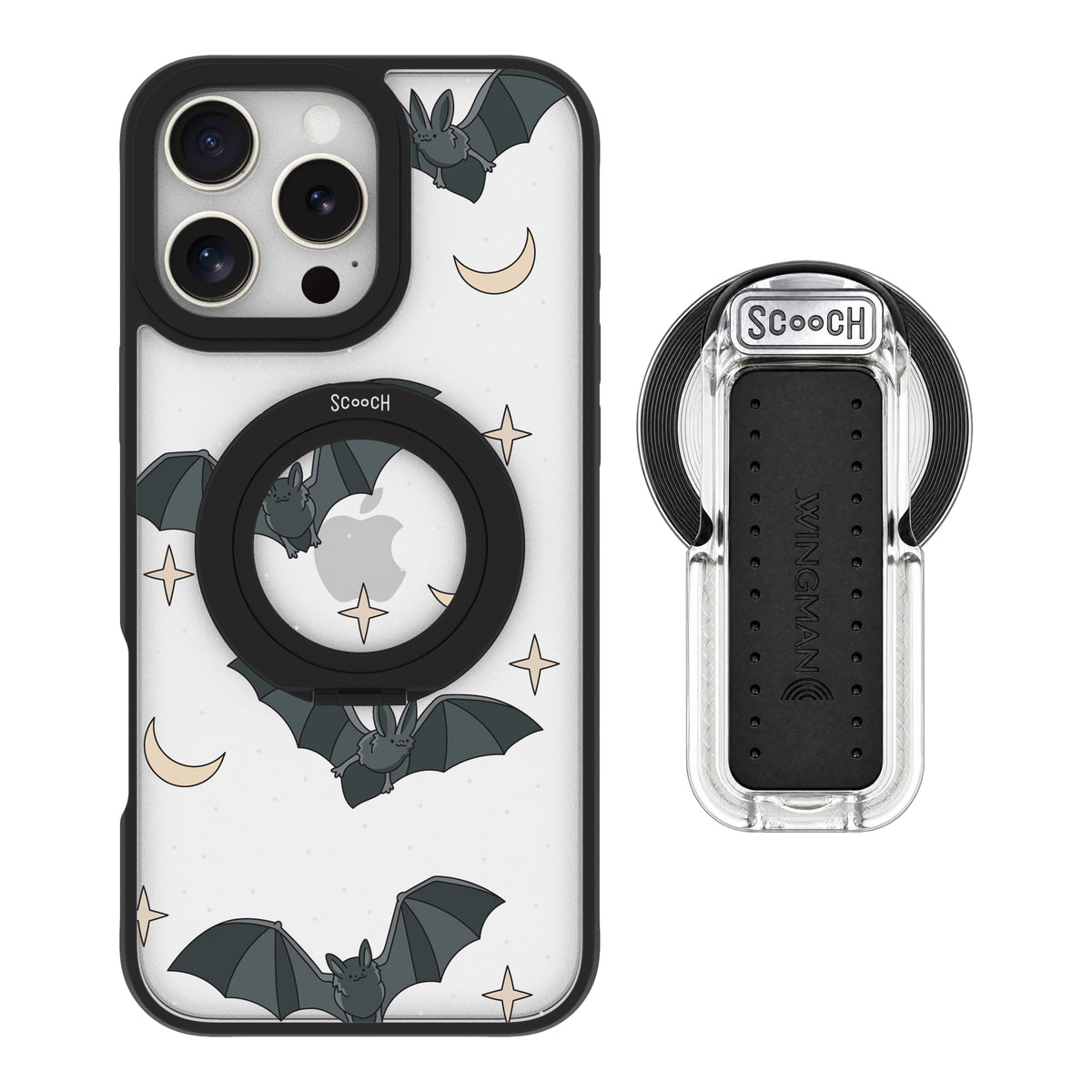 Scooch MagCase Batty Skies magsafe wingback bundle - clear featuring the original Batty Skies print