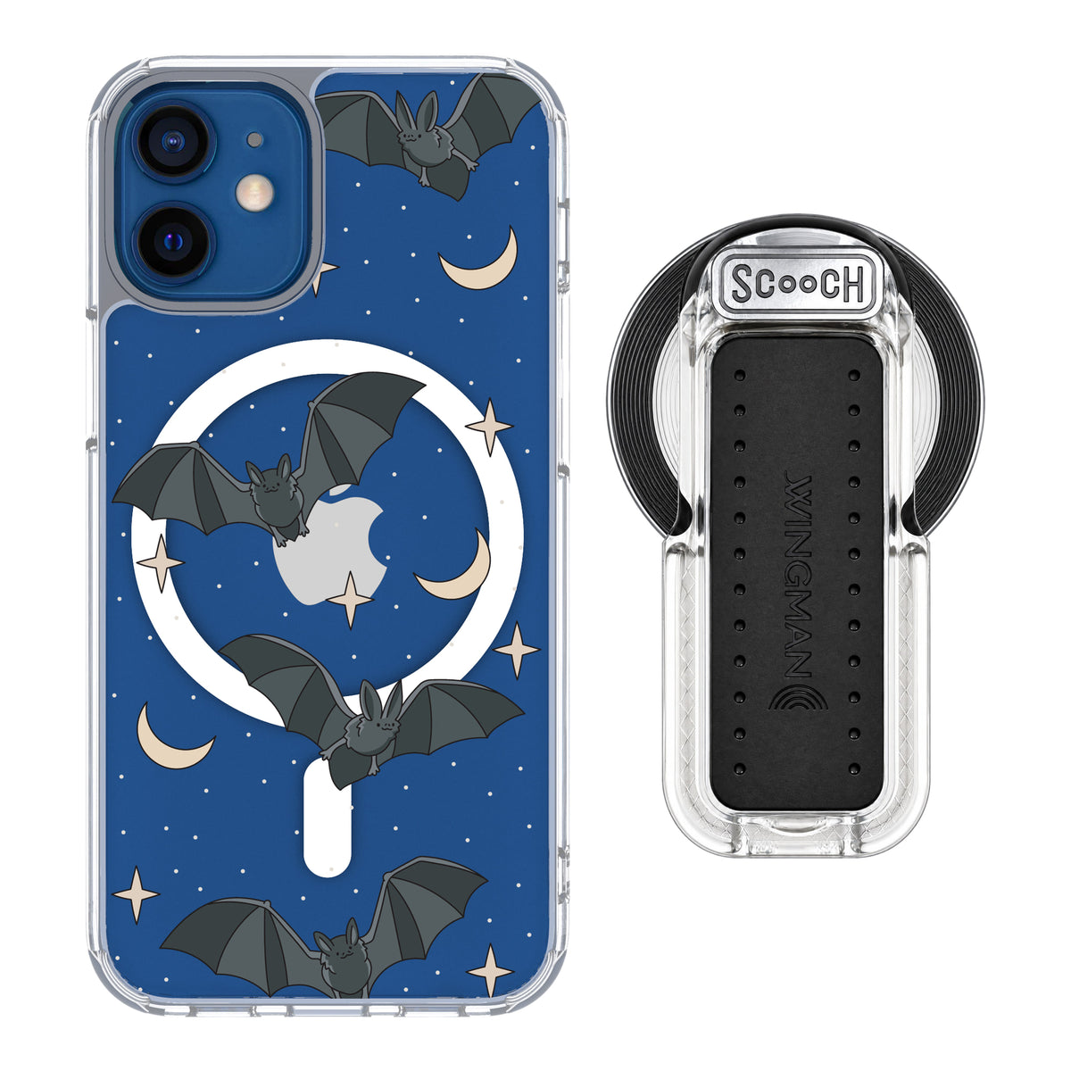 Scooch MagCase Batty Skies magsafe wingback bundle - clear featuring the original Batty Skies print
