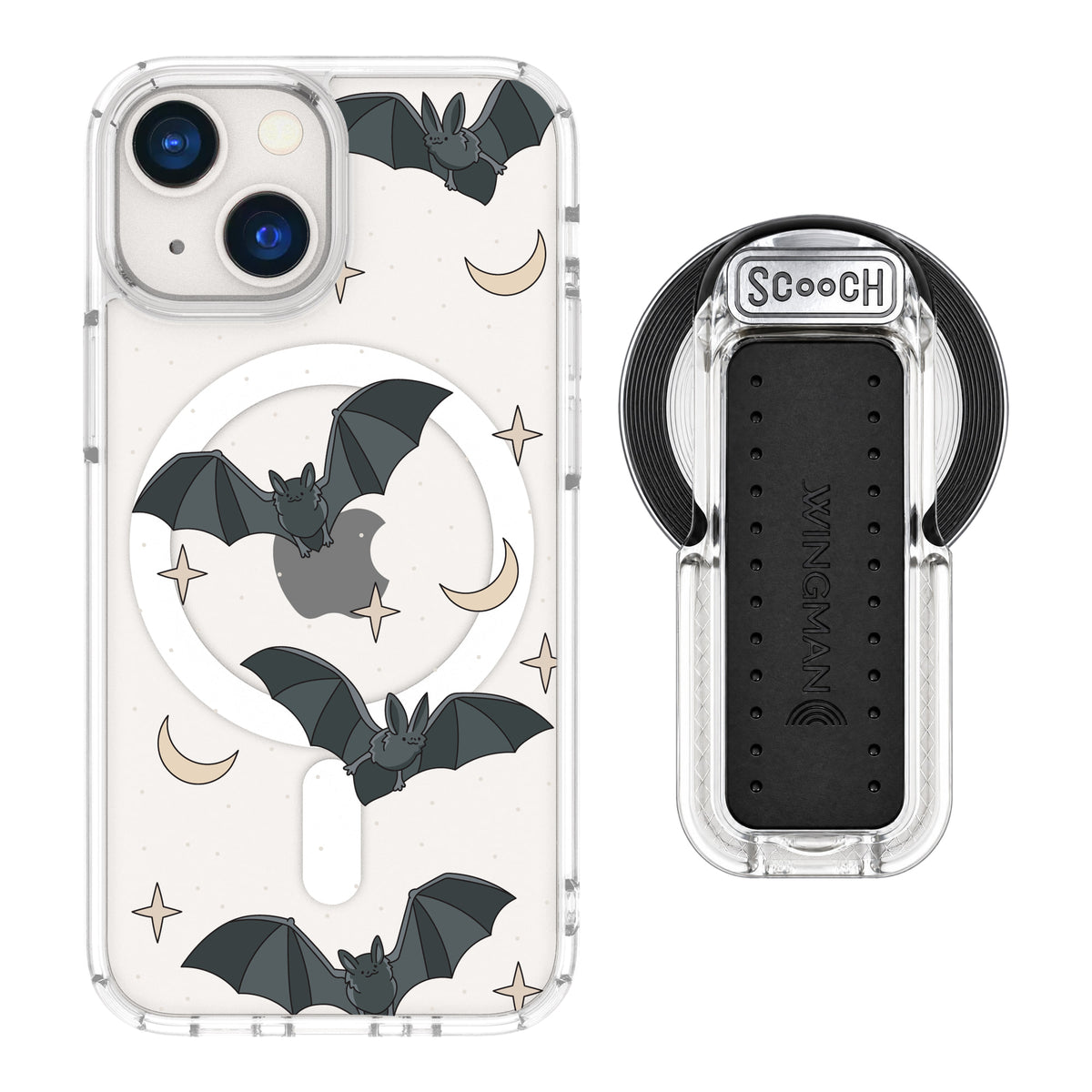 Scooch MagCase Batty Skies magsafe wingback bundle - clear featuring the original Batty Skies print