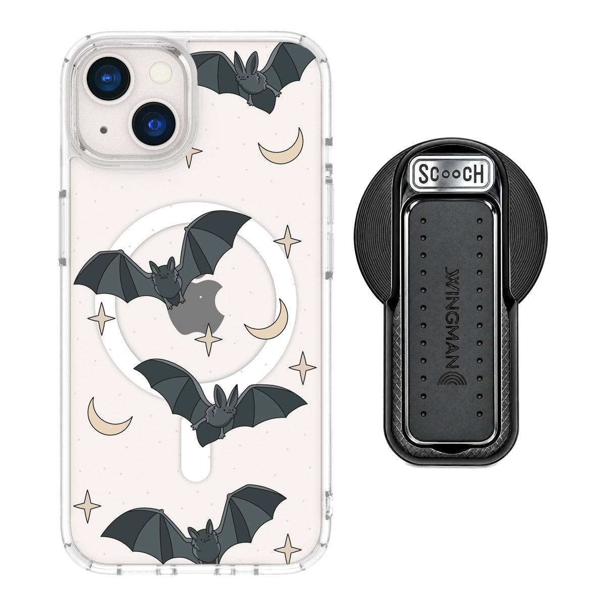Scooch MagCase Batty Skies magsafe wingback bundle - black featuring the original Batty Skies print