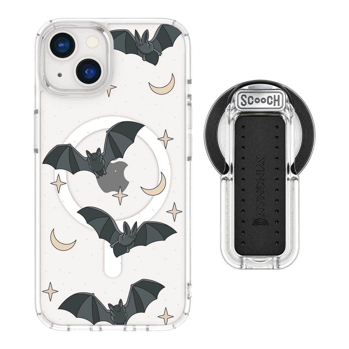 Scooch MagCase Batty Skies magsafe wingback bundle - clear featuring the original Batty Skies print