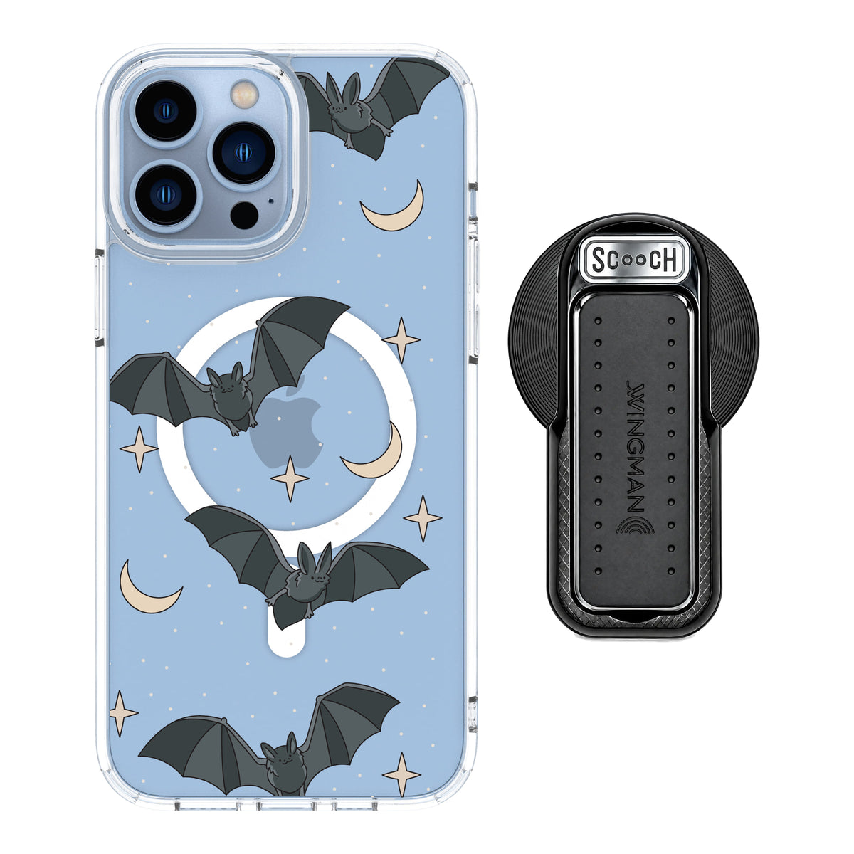 Scooch MagCase Batty Skies magsafe wingback bundle - black featuring the original Batty Skies print