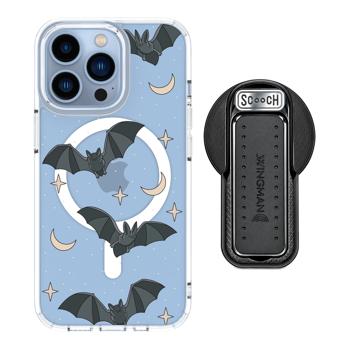Scooch MagCase Batty Skies magsafe wingback bundle - black featuring the original Batty Skies print