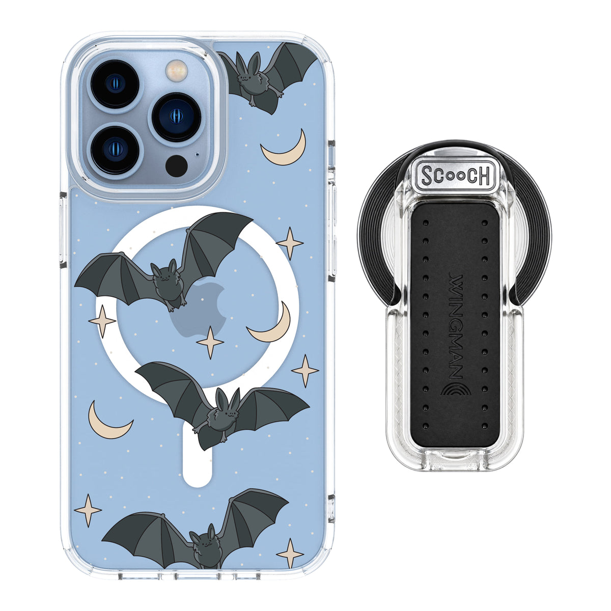 Scooch MagCase Batty Skies magsafe wingback bundle - clear featuring the original Batty Skies print