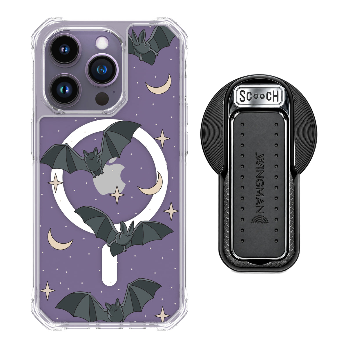Scooch MagCase Batty Skies magsafe wingback bundle - black featuring the original Batty Skies print