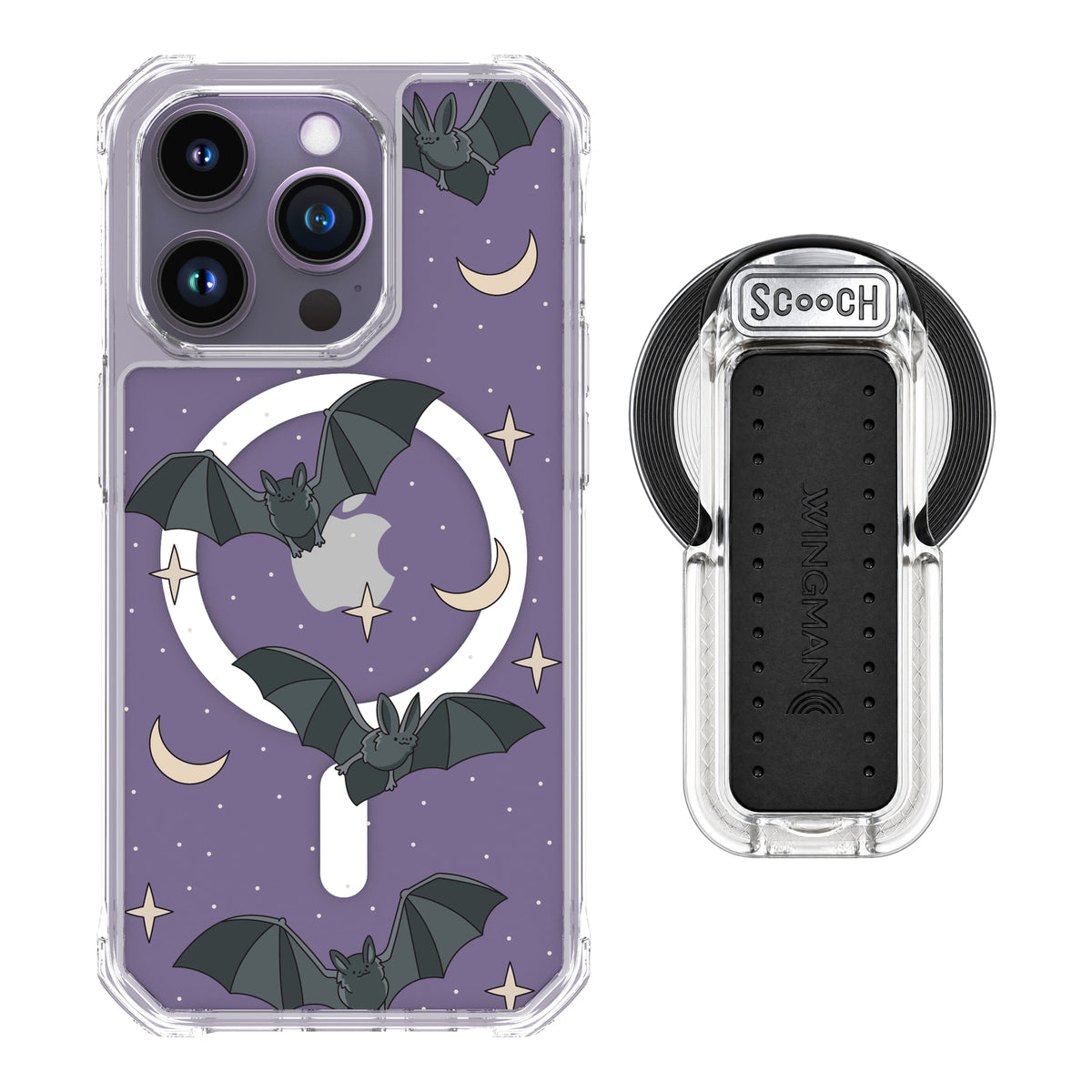 Scooch MagCase Batty Skies magsafe wingback bundle - clear featuring the original Batty Skies print