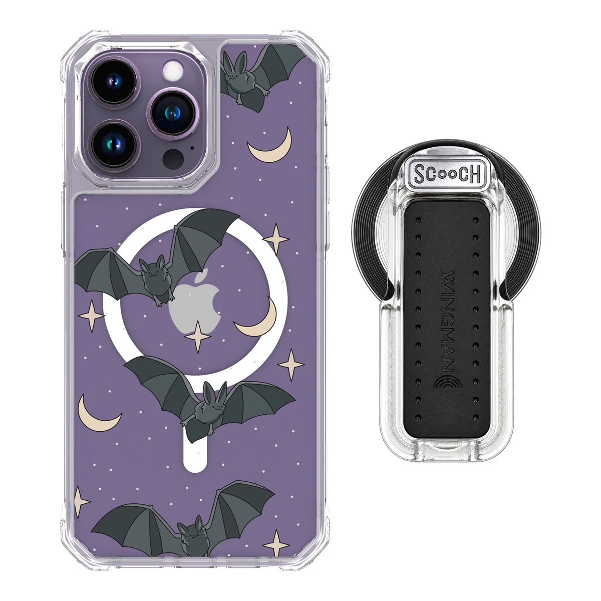 Scooch MagCase Batty Skies magsafe wingback bundle - clear featuring the original Batty Skies print