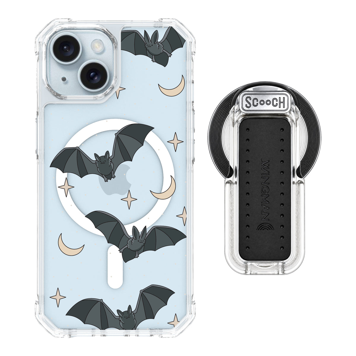 Scooch MagCase Batty Skies magsafe wingback bundle - clear featuring the original Batty Skies print