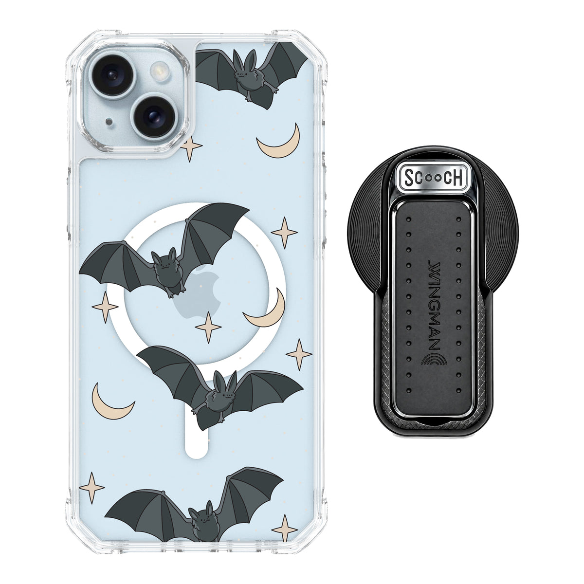 Scooch MagCase Batty Skies magsafe wingback bundle - black featuring the original Batty Skies print