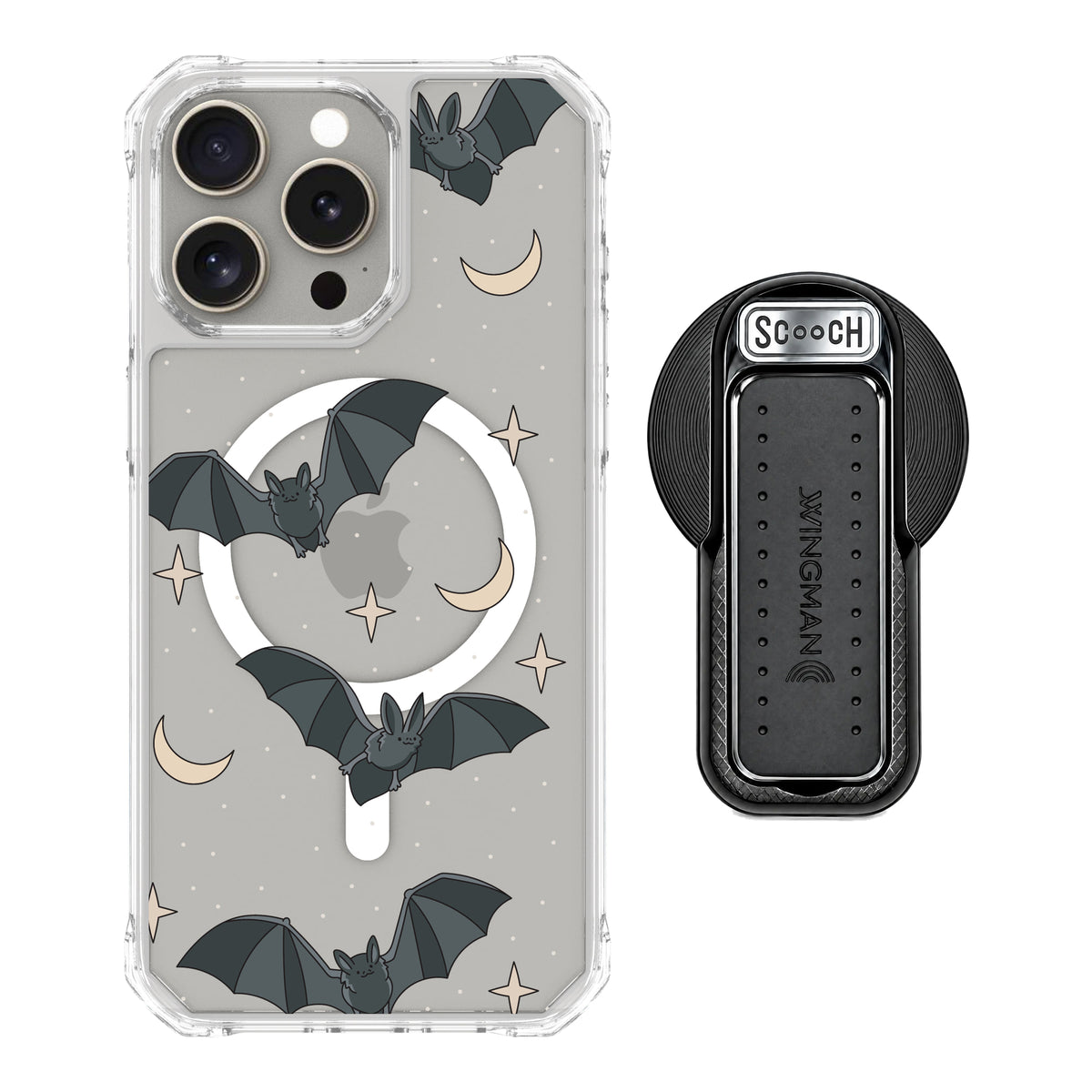 Scooch MagCase Batty Skies magsafe wingback bundle - black featuring the original Batty Skies print