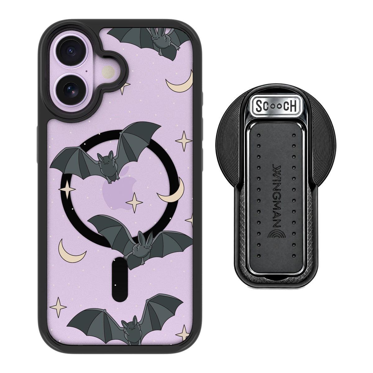 Scooch MagCase Batty Skies magsafe wingback bundle - black featuring the original Batty Skies print