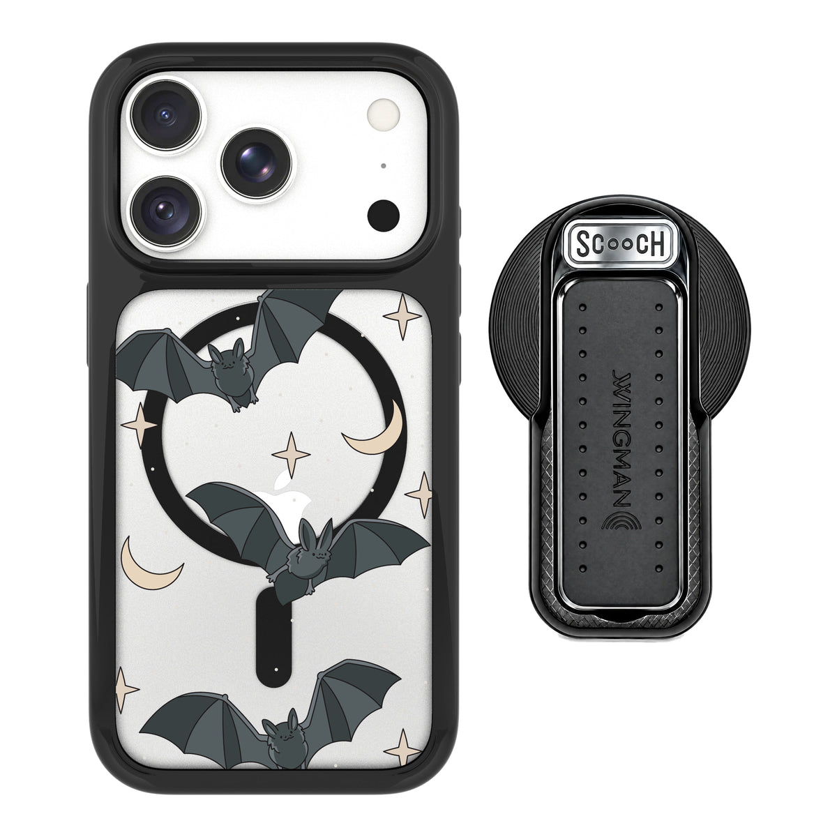 Scooch MagCase Batty Skies magsafe wingback bundle - black featuring the original Batty Skies print