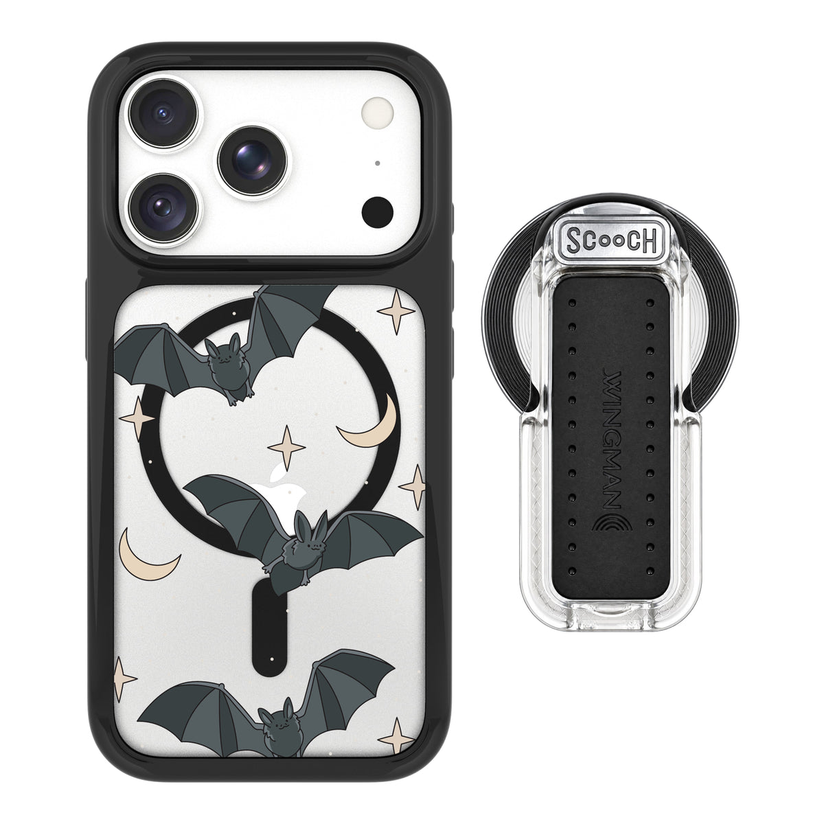 Scooch MagCase Batty Skies magsafe wingback bundle - clear featuring the original Batty Skies print