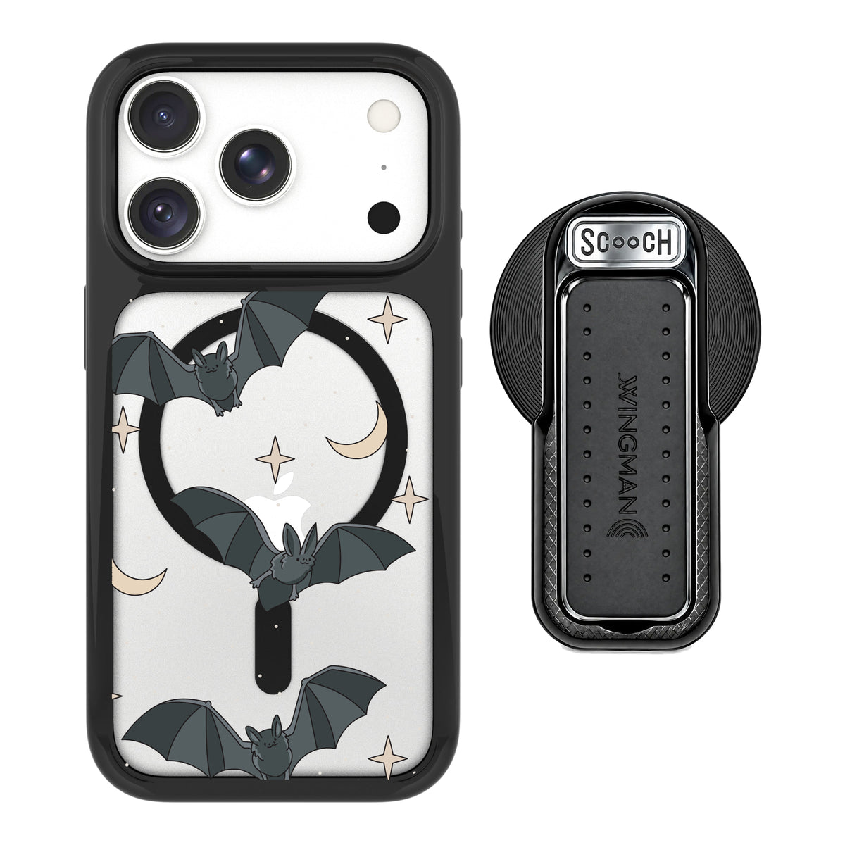 Scooch MagCase Batty Skies magsafe wingback bundle - black featuring the original Batty Skies print