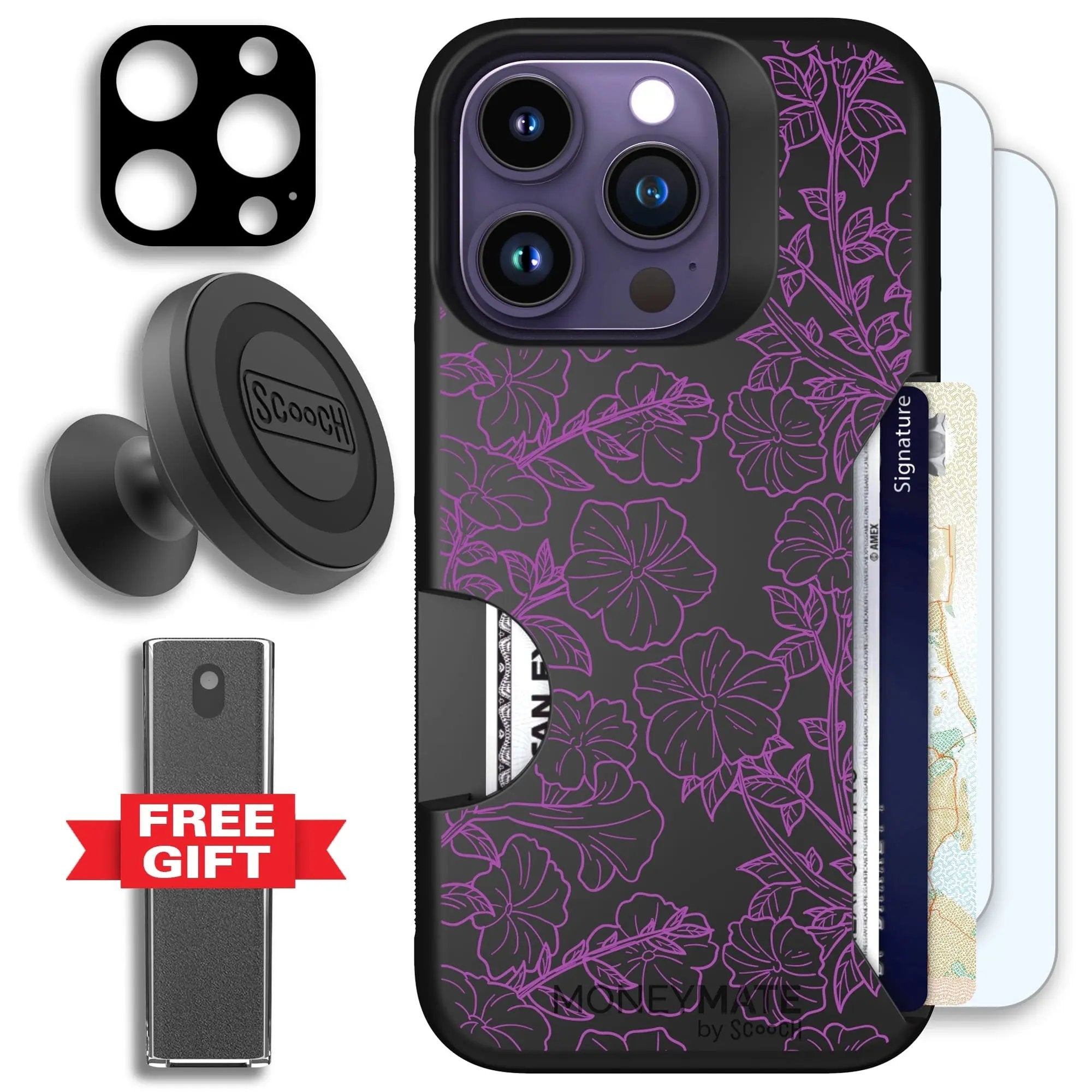 Scooch-Moneymate Defender Bundle for iPhone 14 Pro-Purple Petunias