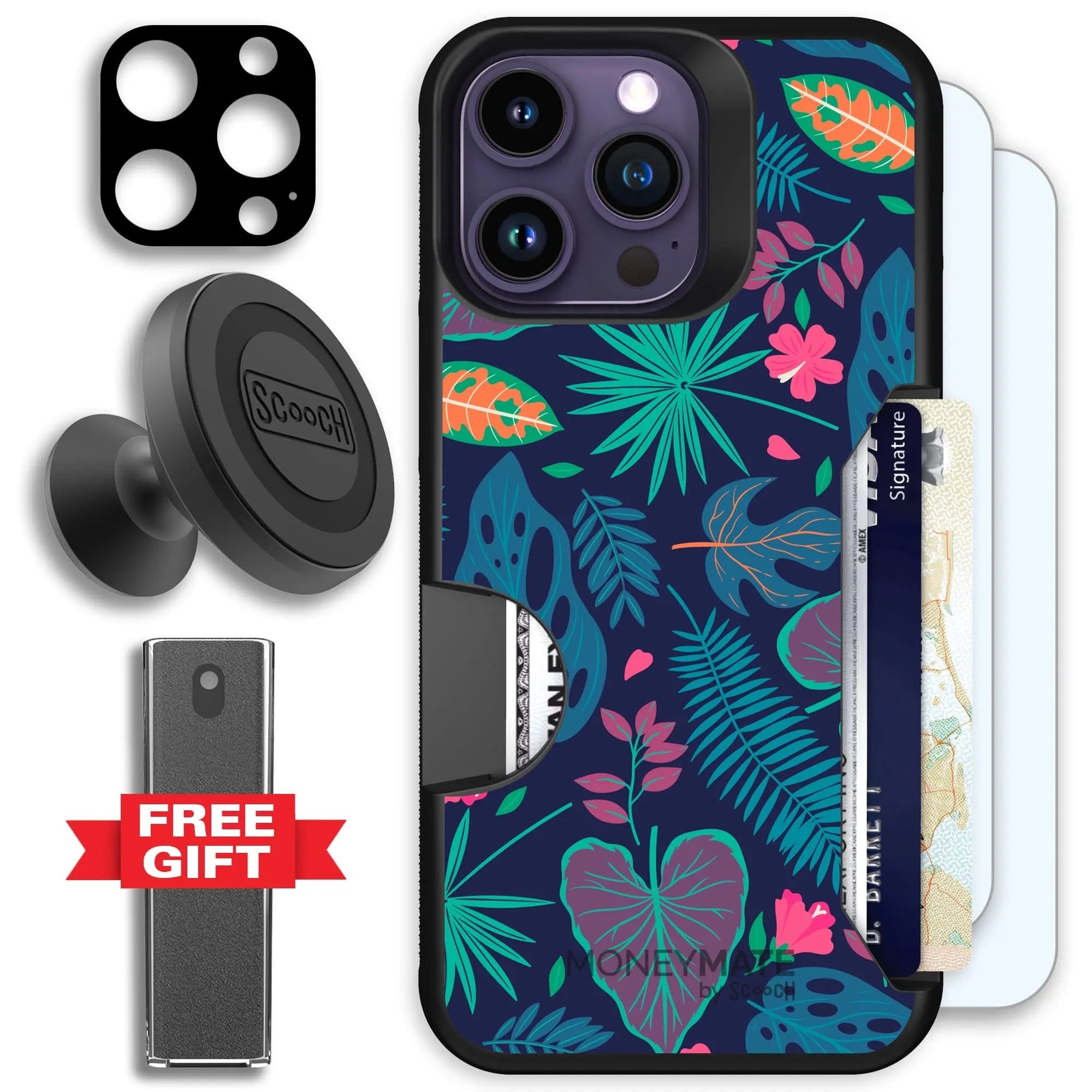 Scooch-Moneymate Defender Bundle for iPhone 14 Pro-Tropical Leaves