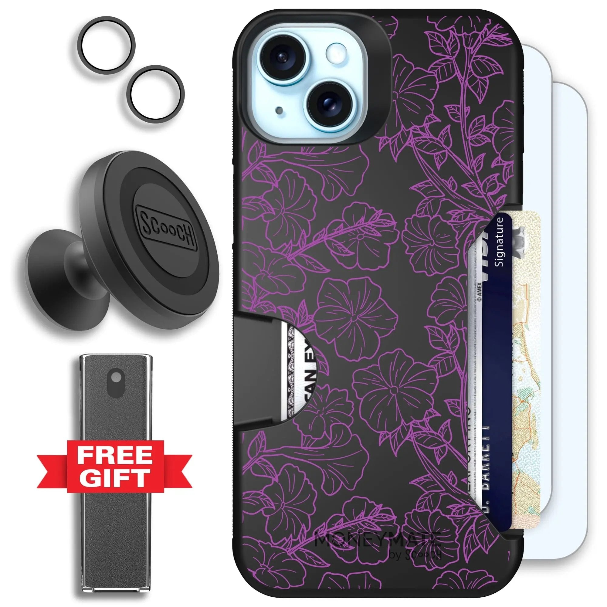 Scooch-Moneymate Defender Bundle for iPhone 15 Plus-Purple Petunias