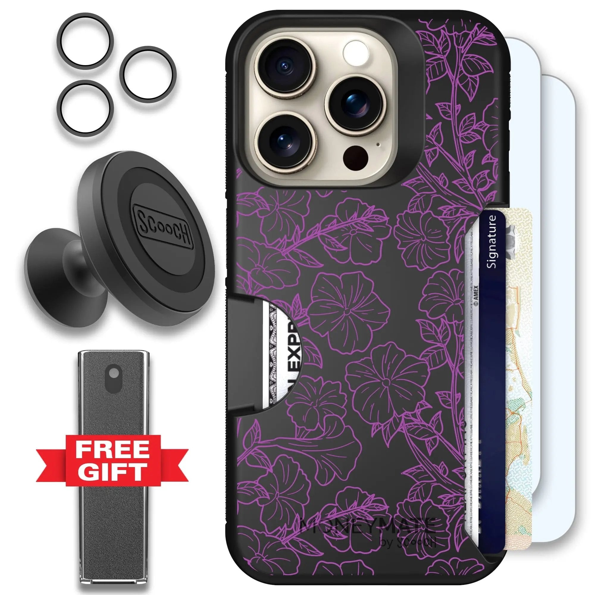 Scooch-Moneymate Defender Bundle for iPhone 15 Pro-Purple Petunias