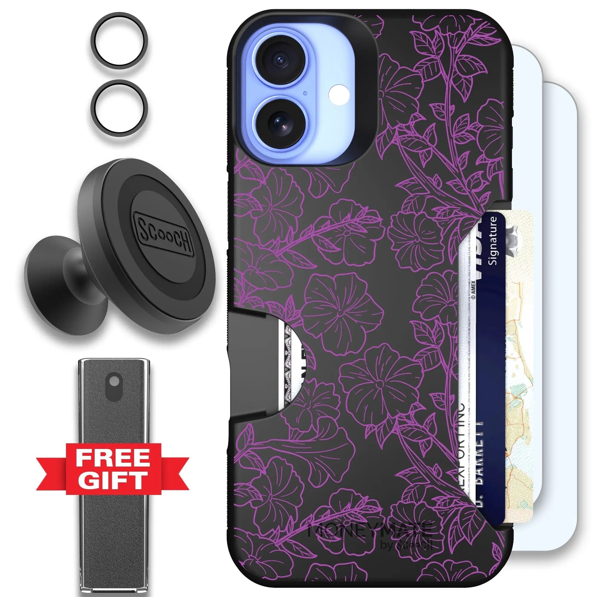 Scooch-Moneymate Defender Bundle for iPhone 16 Plus-Purple Petunias