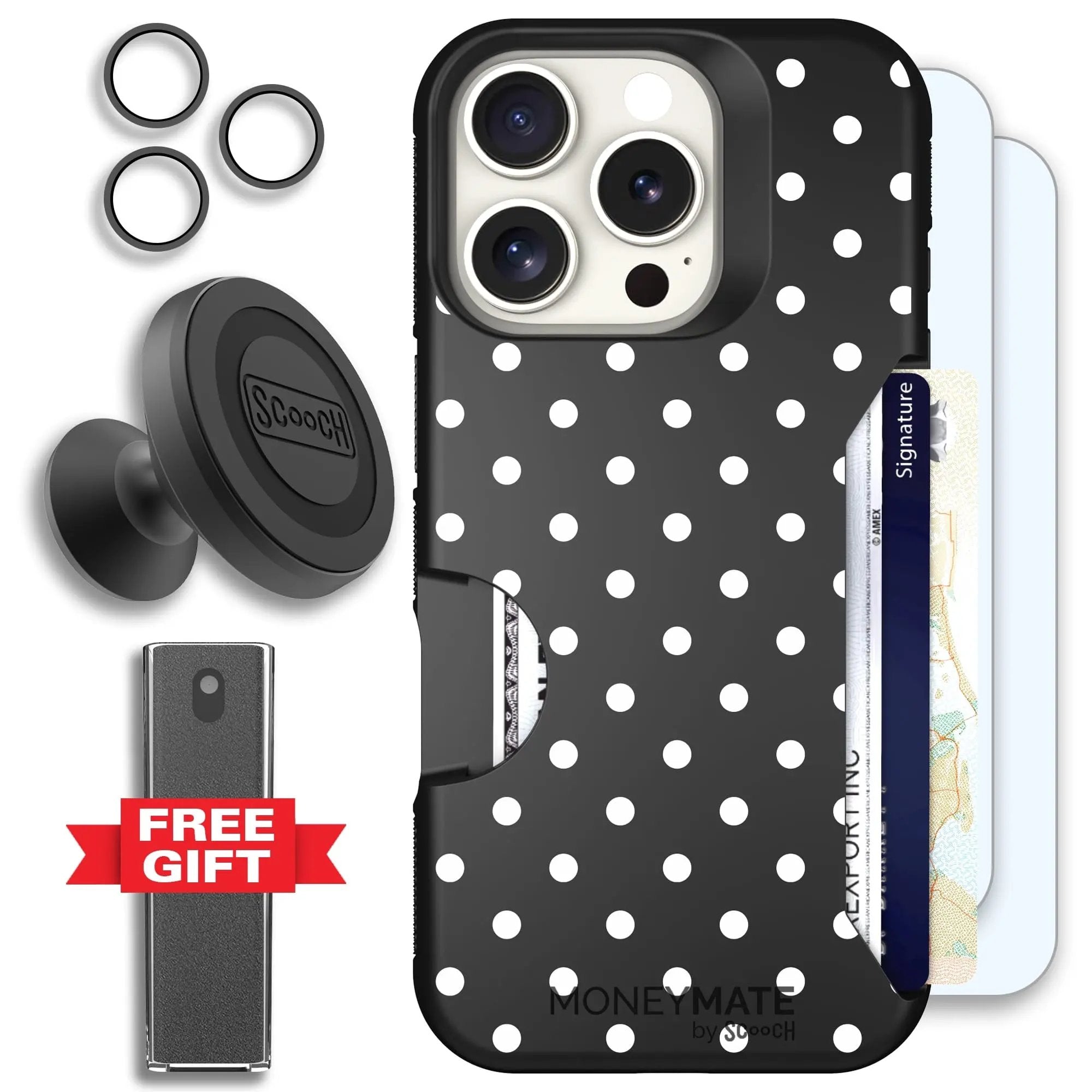 Scooch-Moneymate Defender Bundle for iPhone 16 Pro-Polka Dots