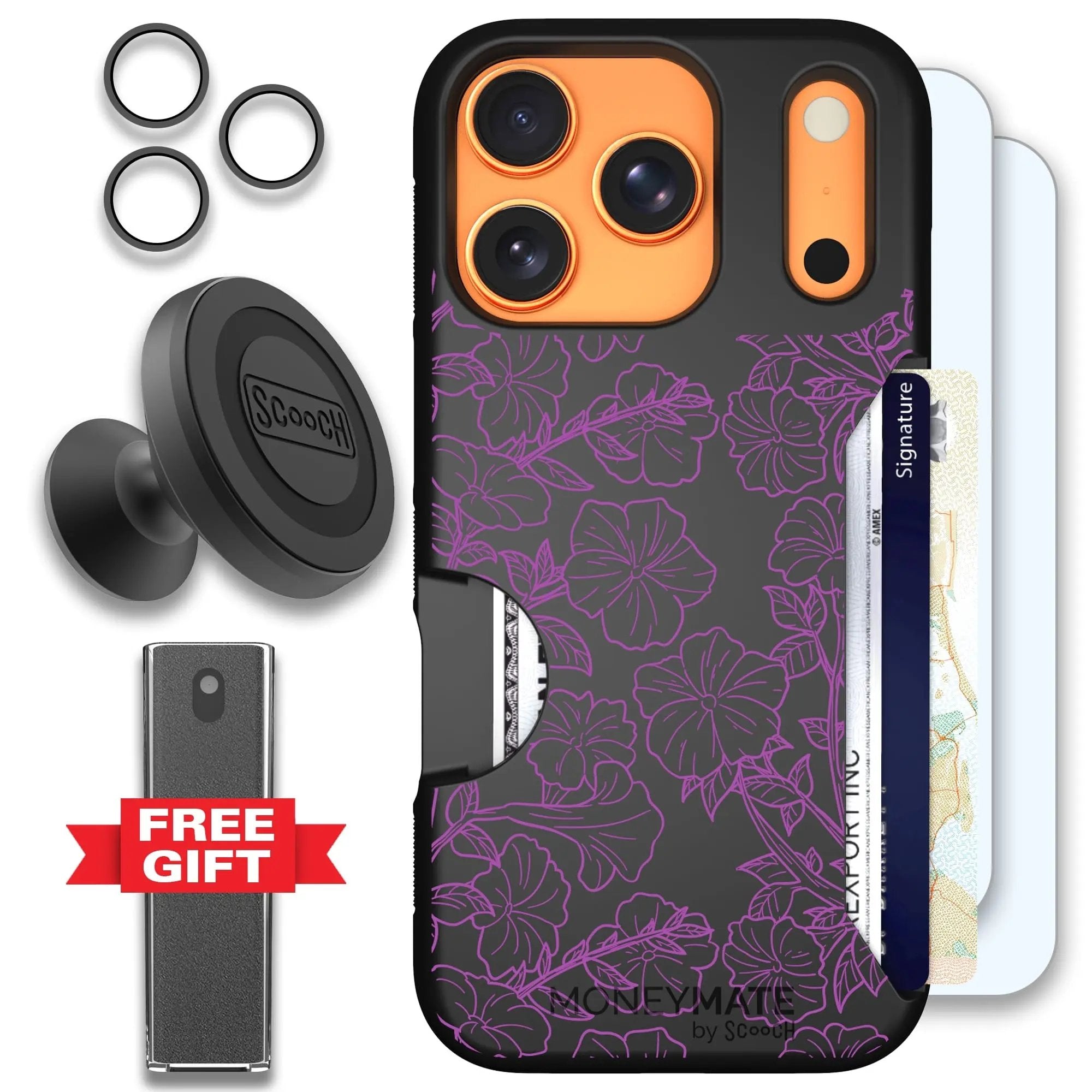 Scooch-Moneymate Defender Bundle for iPhone 17 Pro-Purple Petunias