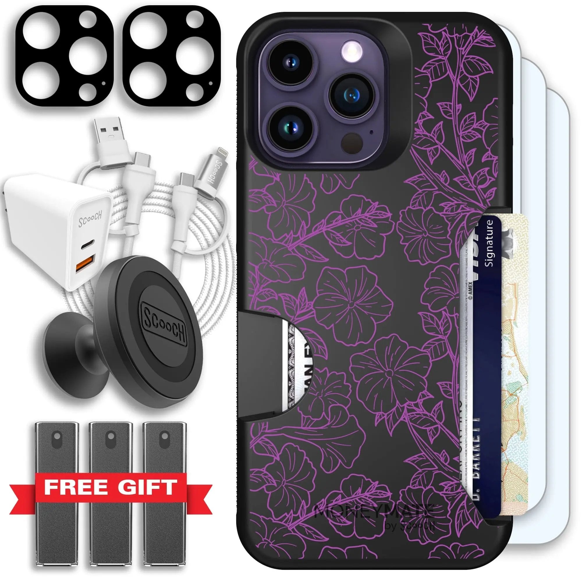 Scooch-Moneymate Ultimate Bundle for iPhone 14 Pro Max-Purple Petunias