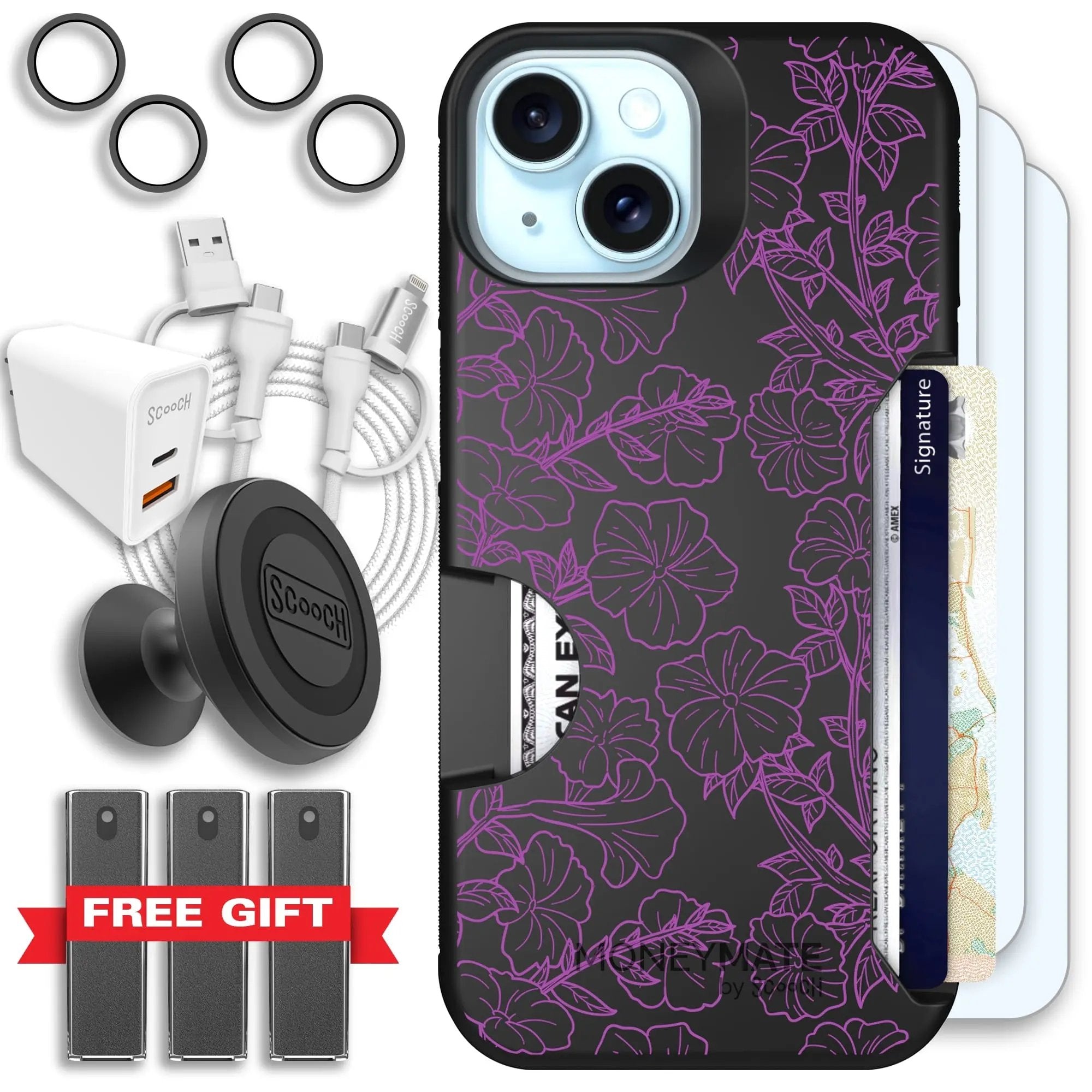 Scooch-Moneymate Ultimate Bundle for iPhone 14-Purple Petunias