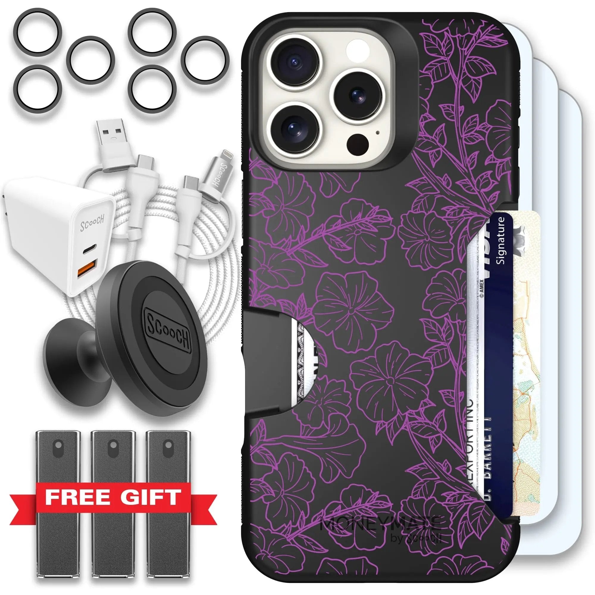 Scooch-Moneymate Ultimate Bundle for iPhone 16 Pro Max-Purple Petunias