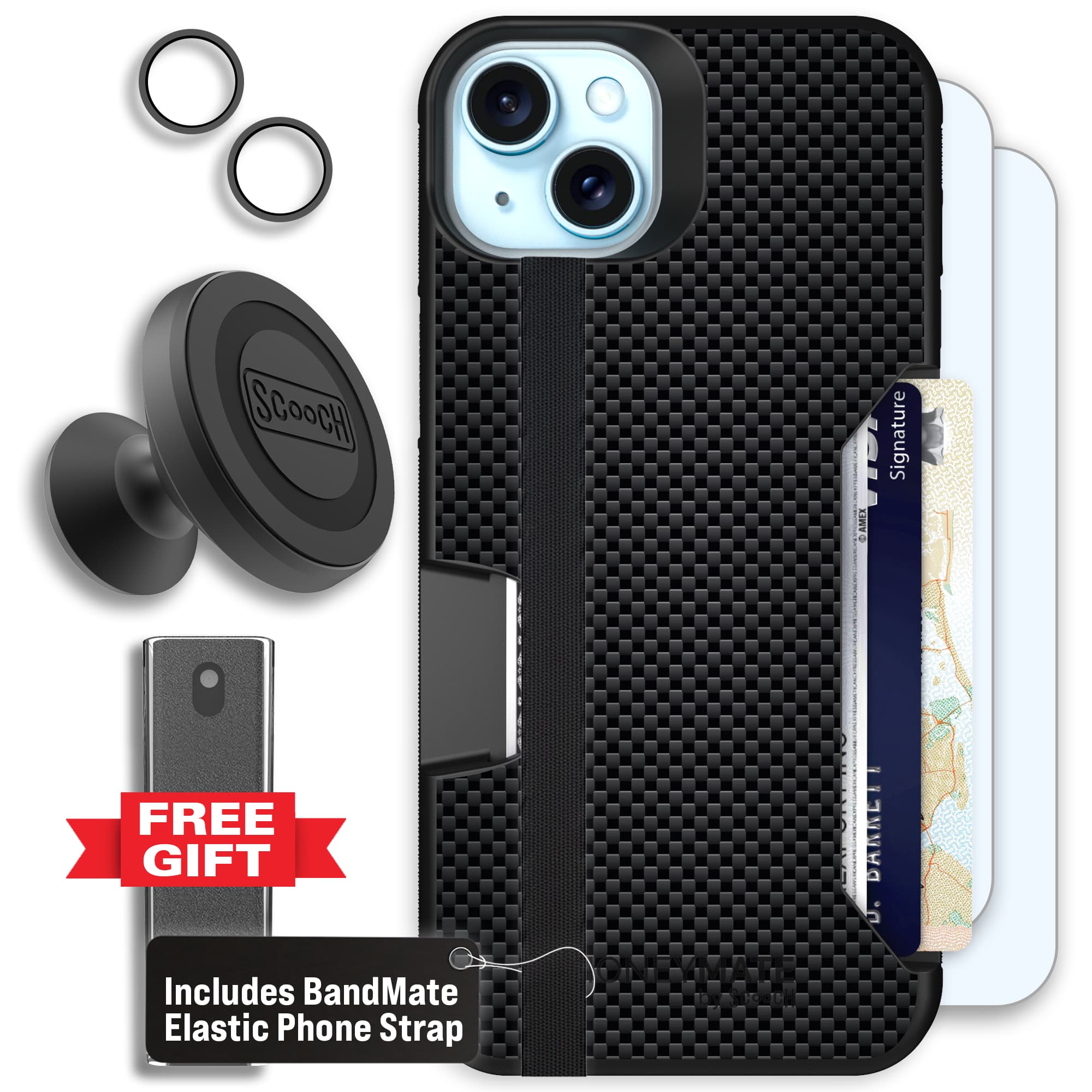 Moneymate - iPhone 15 Plus - Carbon Fiber - Defender Bundle
