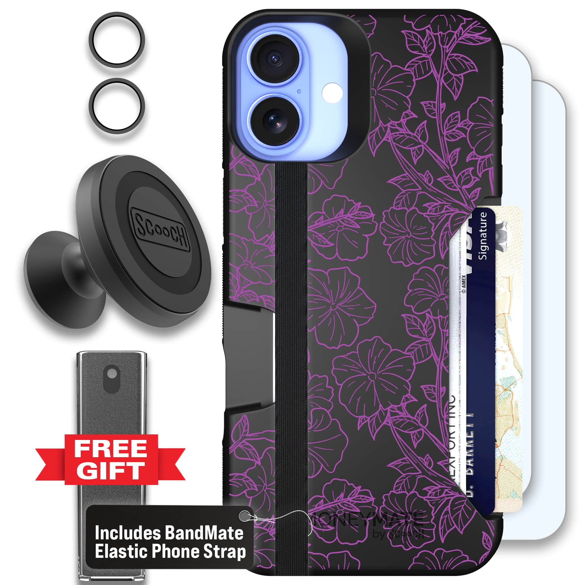 Moneymate - iPhone 16 Plus - Purple Petunias - Defender Bundle