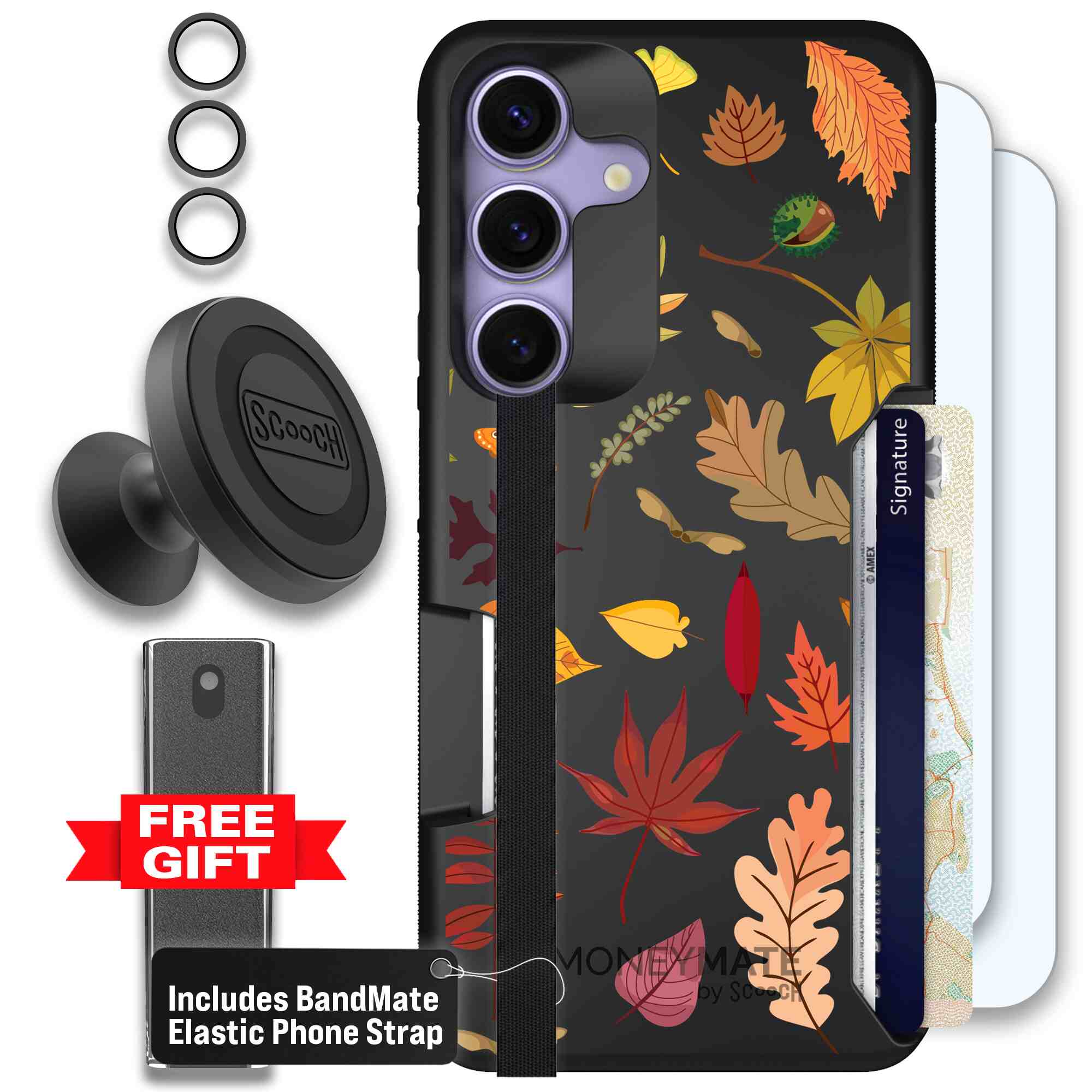 Autumn Leaves multicolored fall foliage pattern on a charcoal Scooch Moneymate case for Galaxy S25 - Defender Bundle