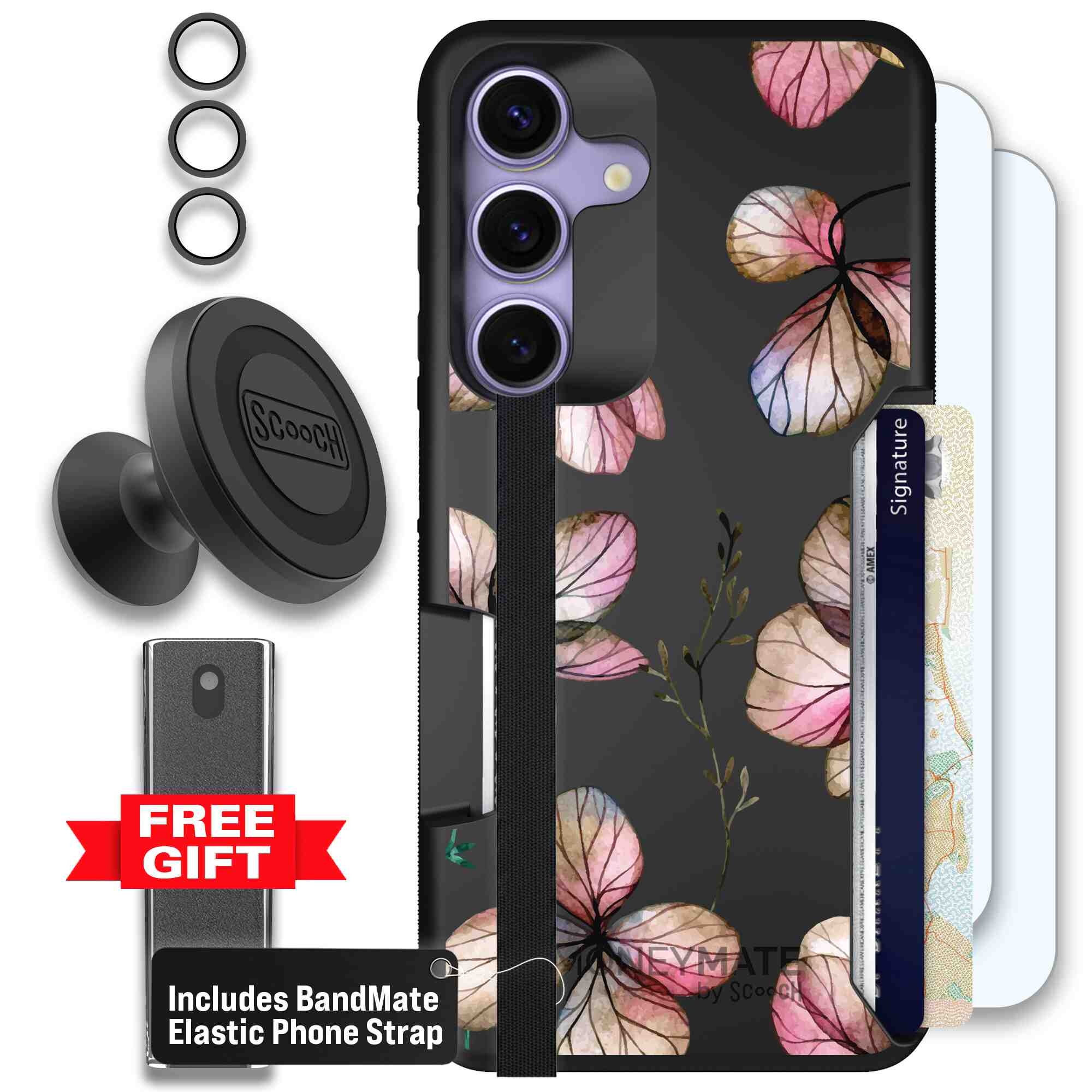Dried Flowers blush mauve and cream floral pattern on a black Scooch Moneymate case for Galaxy S25 - Defender Bundle