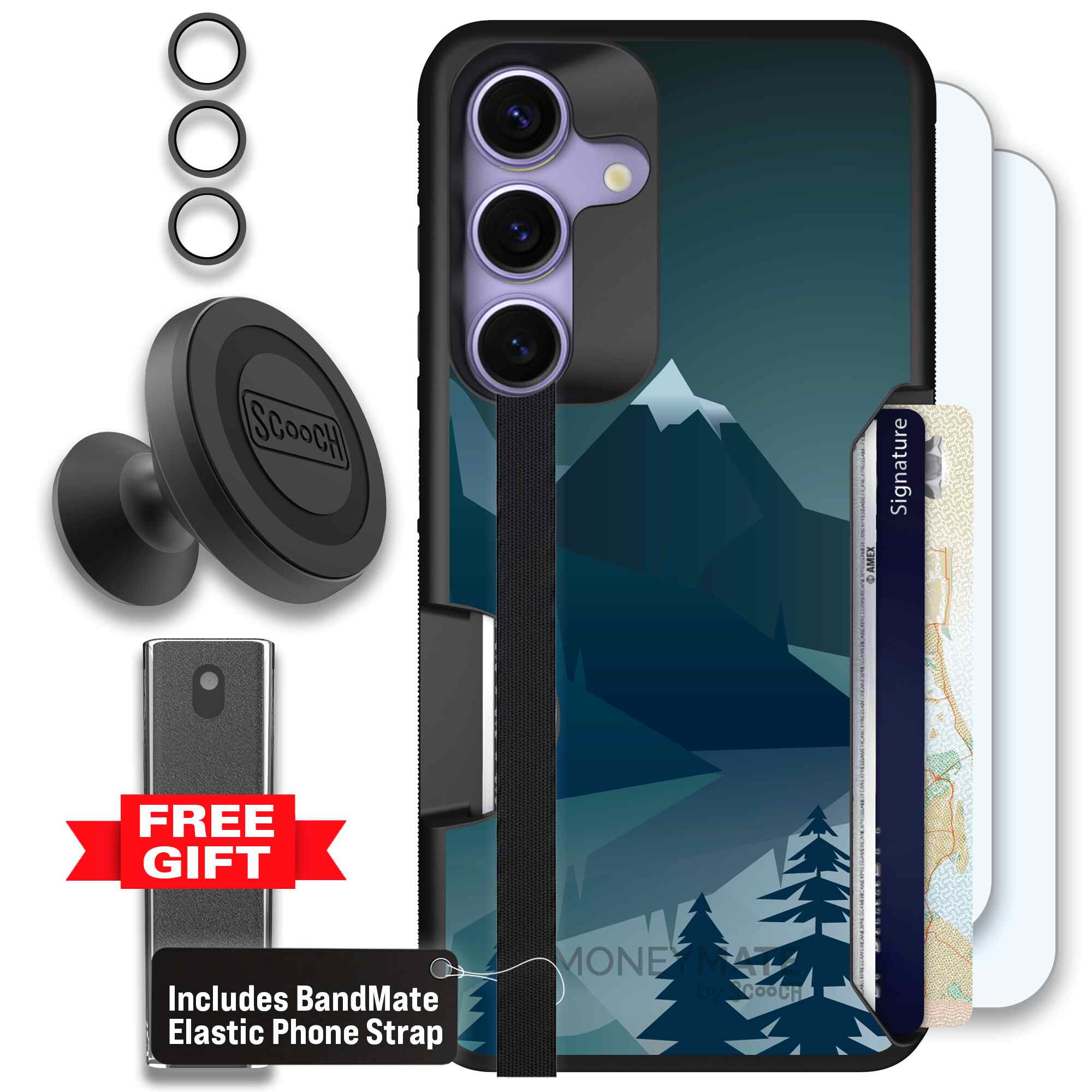 Midnight Ridge layered blue mountains and evergreen trees on a Scooch Moneymate case for Galaxy S25 - Defender Bundle