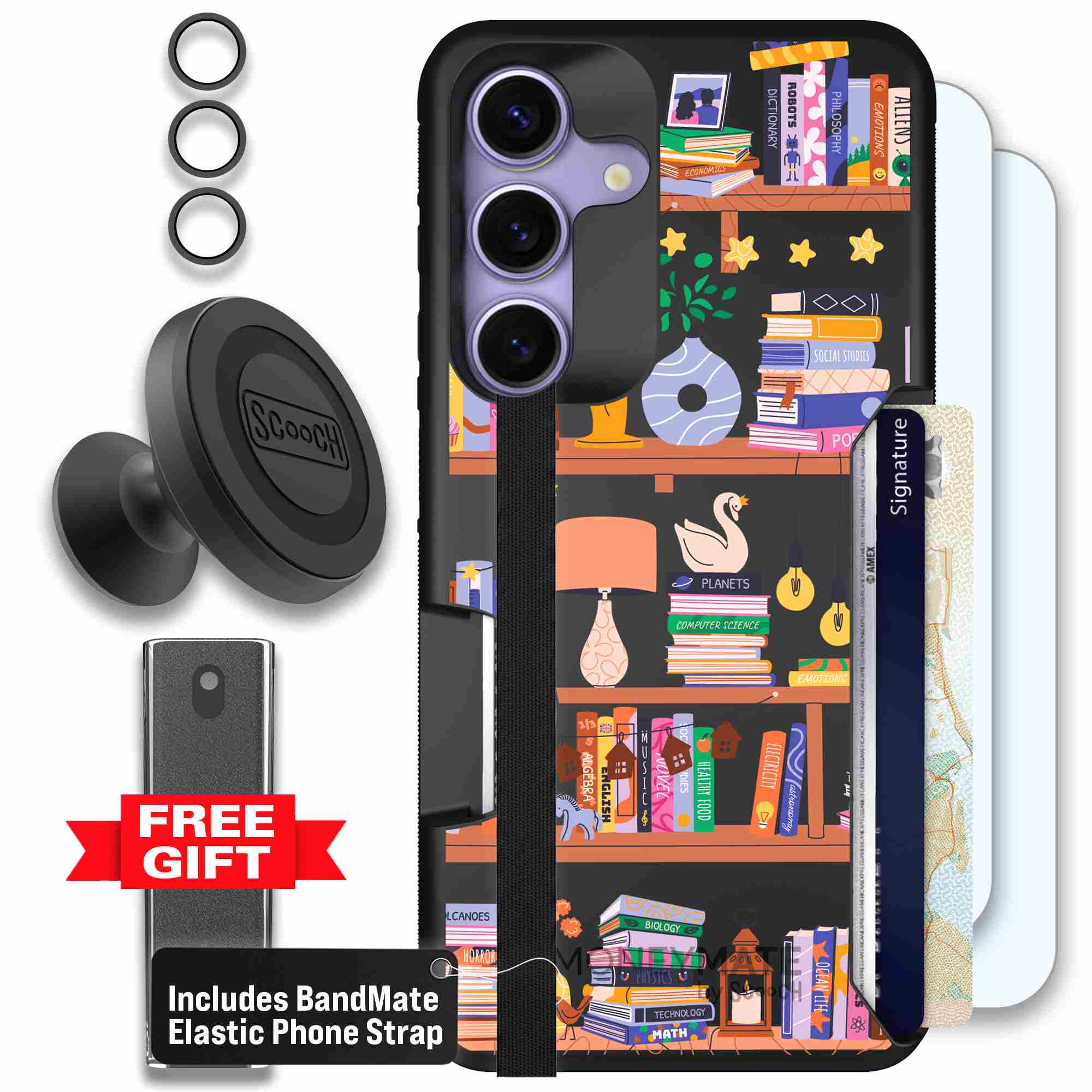 Little Library colorful book and bookshelf pattern on a Scooch Moneymate case for Galaxy S25 - Defender Bundle