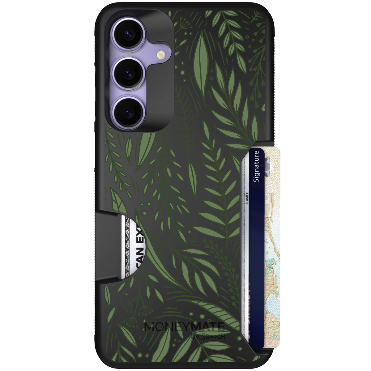 Willow Garden layered green leaves and branches on a charcoal Scooch Moneymate case for Galaxy S25+