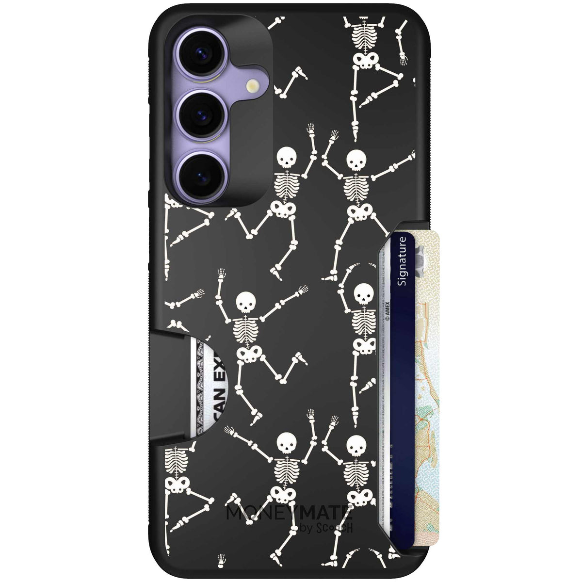 Swinging Skeletons white dancing skeleton pattern on a black Scooch Moneymate case for Galaxy S25+