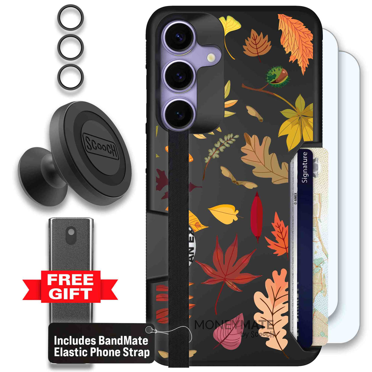 Autumn Leaves multicolored fall foliage pattern on a charcoal Scooch Moneymate case for Galaxy S25+ - Defender Bundle