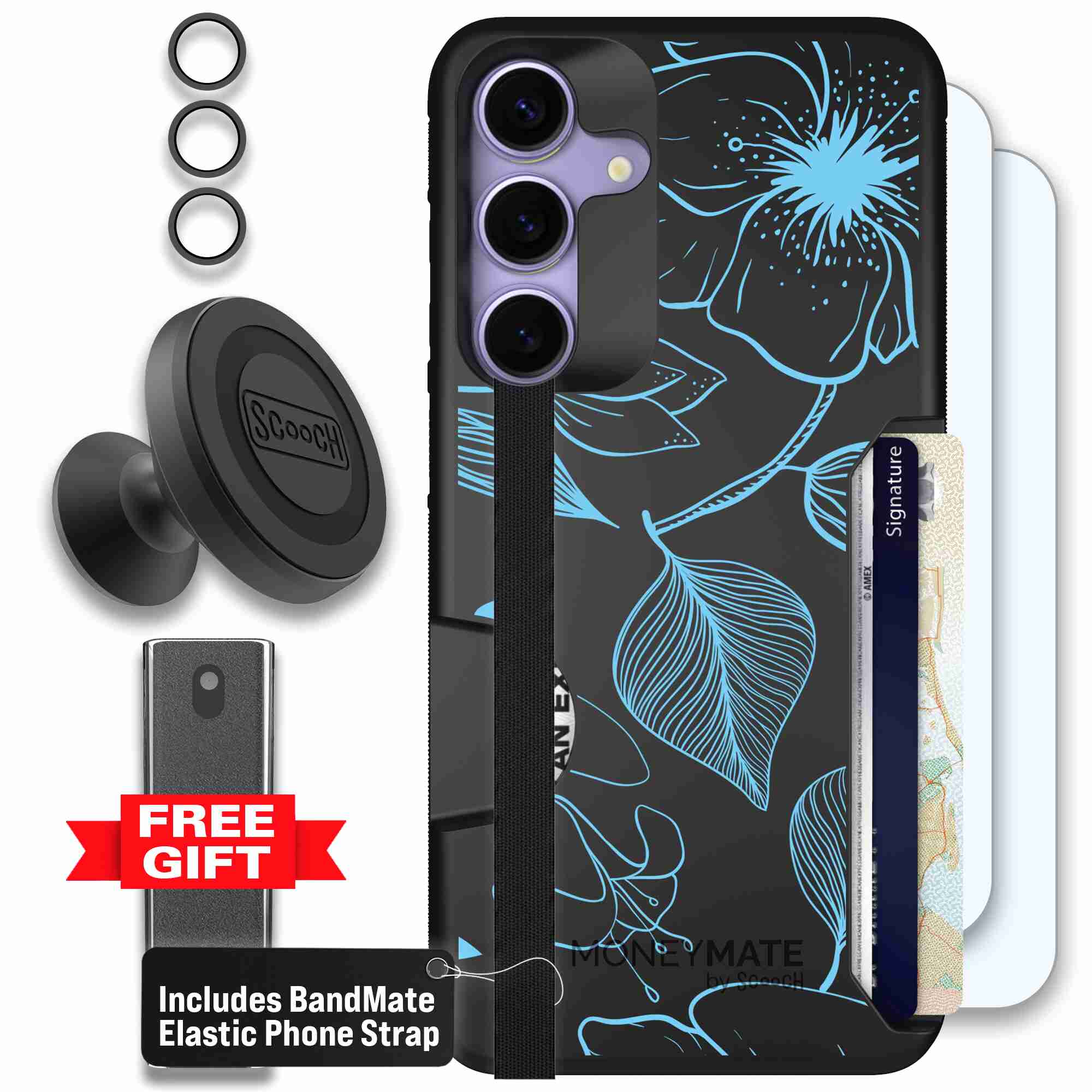Blue Hibiscus cyan-blue tropical flower pattern on a charcoal Scooch Moneymate case for Galaxy S25+ - Defender Bundle