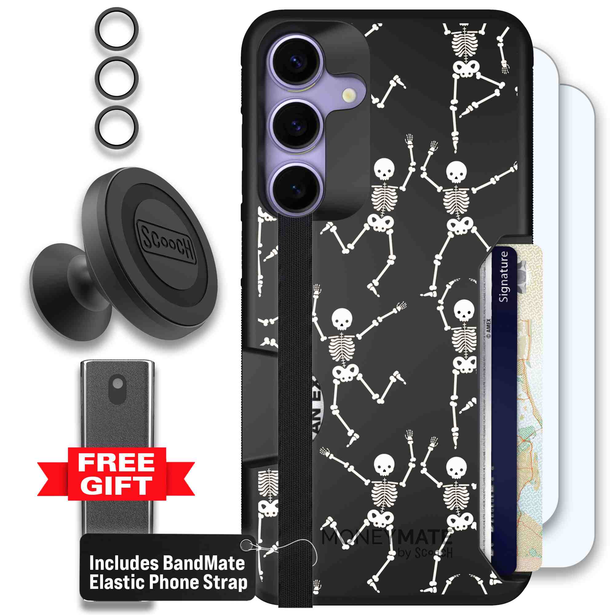 Swinging Skeletons white dancing skeleton pattern on a black Scooch Moneymate case for Galaxy S25+ - Defender Bundle