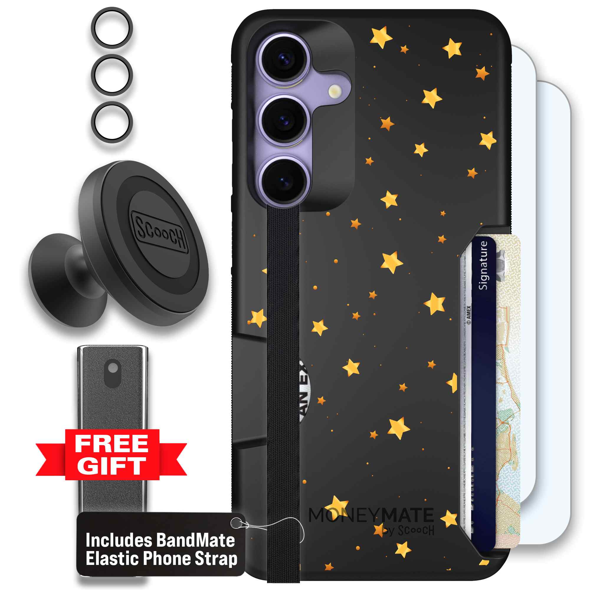 Gold Stars yellow and gold star pattern on a charcoal Scooch Moneymate case for Galaxy S25+ - Defender Bundle