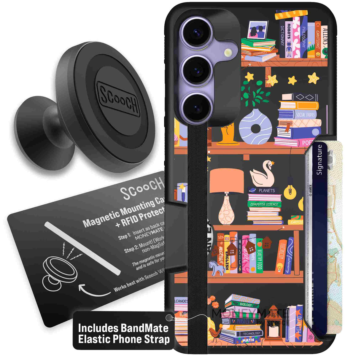 Little Library colorful book and bookshelf pattern on a Scooch Moneymate case for Galaxy S25+ - Starter Bundle