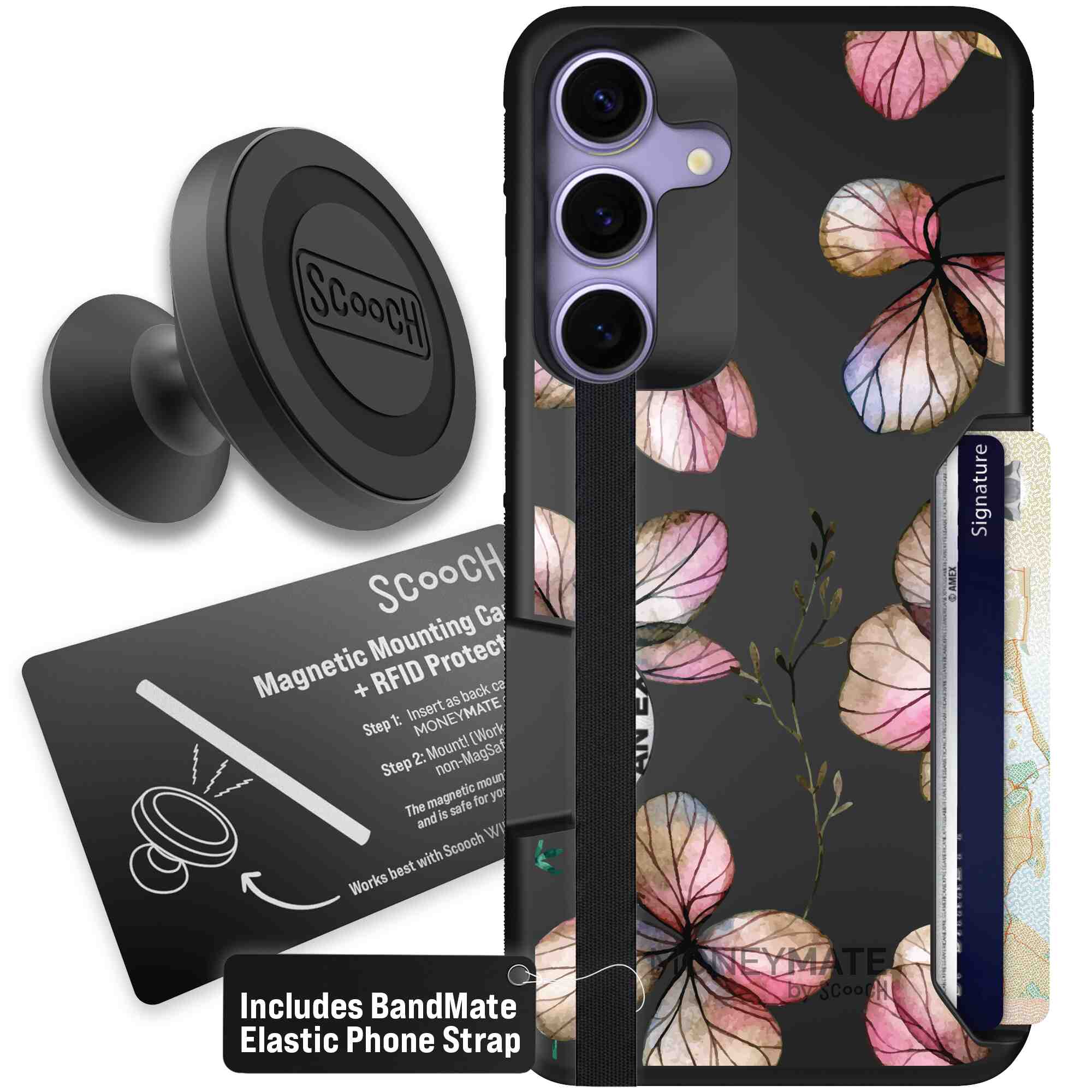 Dried Flowers blush mauve and cream floral pattern on a black Scooch Moneymate case for Galaxy S25+ - Starter Bundle