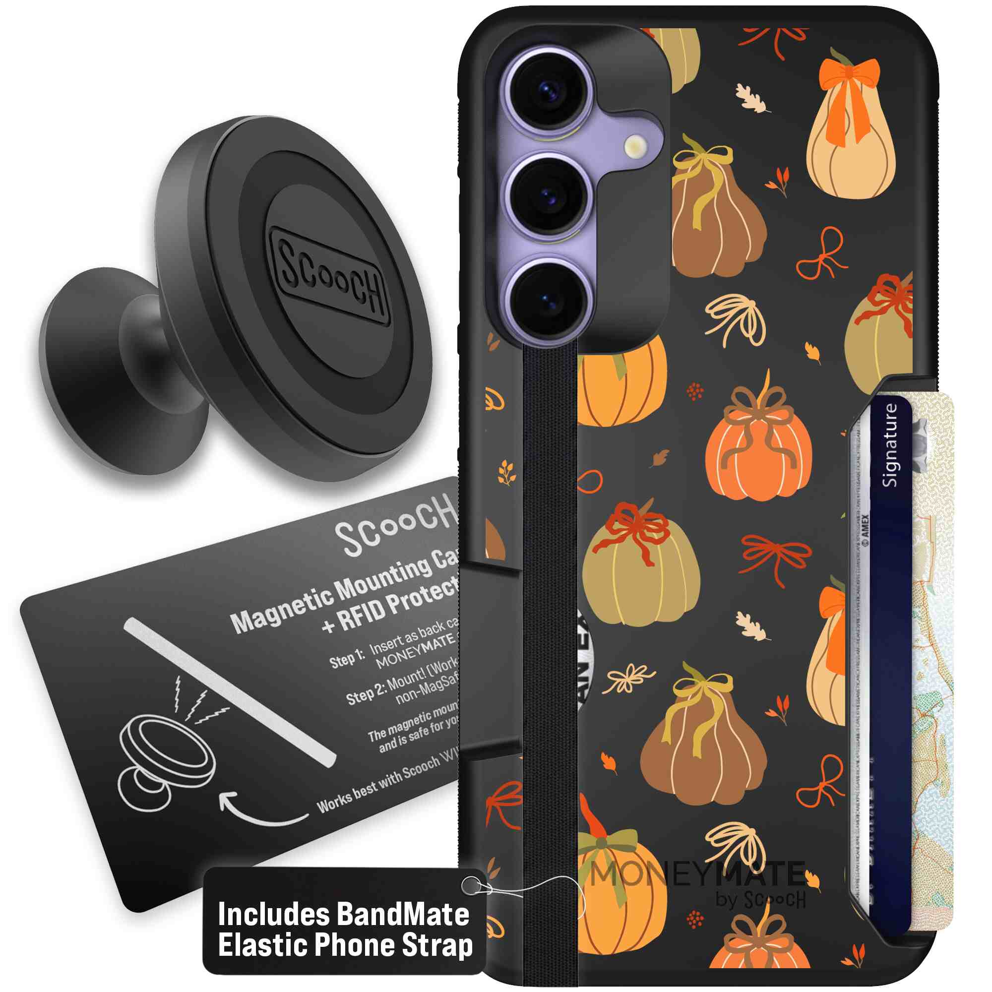 Pretty Pumpkins orange pumpkin and bow pattern on a Scooch Moneymate case for Galaxy S25+ - Starter Bundle