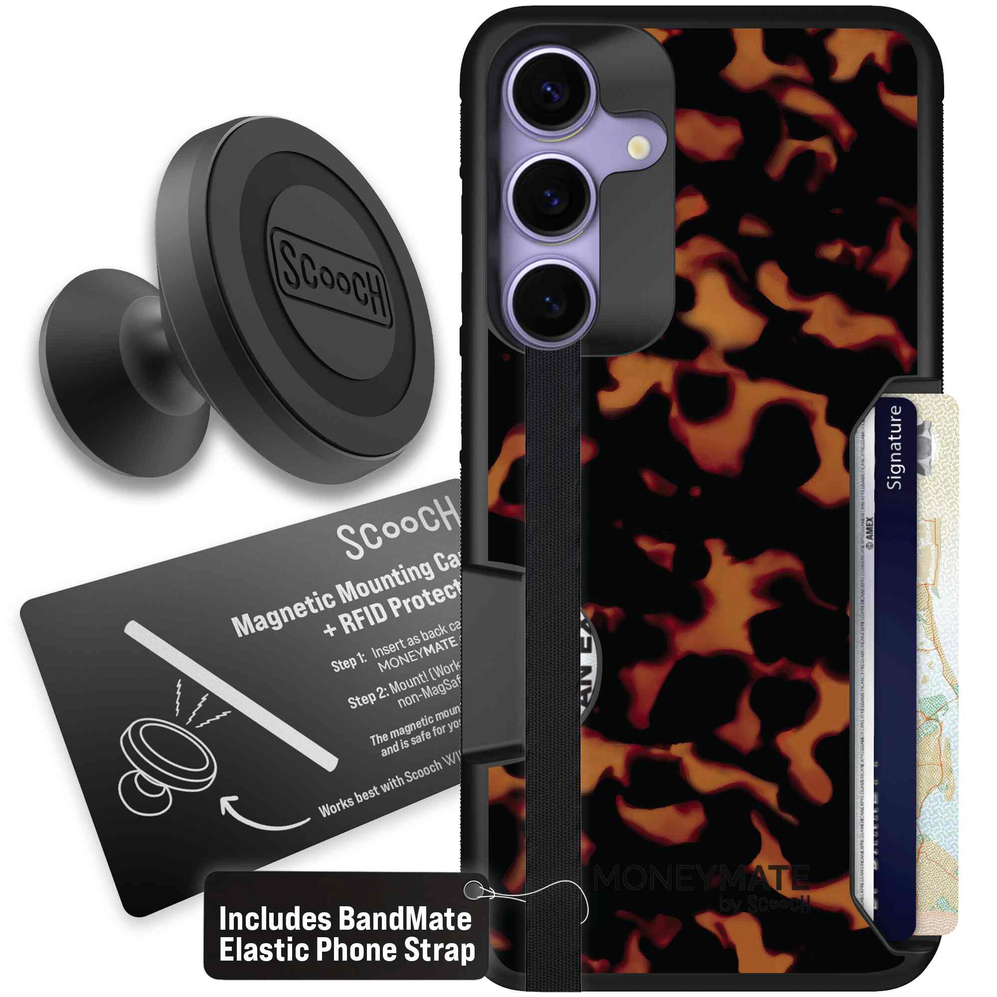 Tortoise Shell amber brown and black mottled pattern on a Scooch Moneymate case for Galaxy S25+ - Starter Bundle