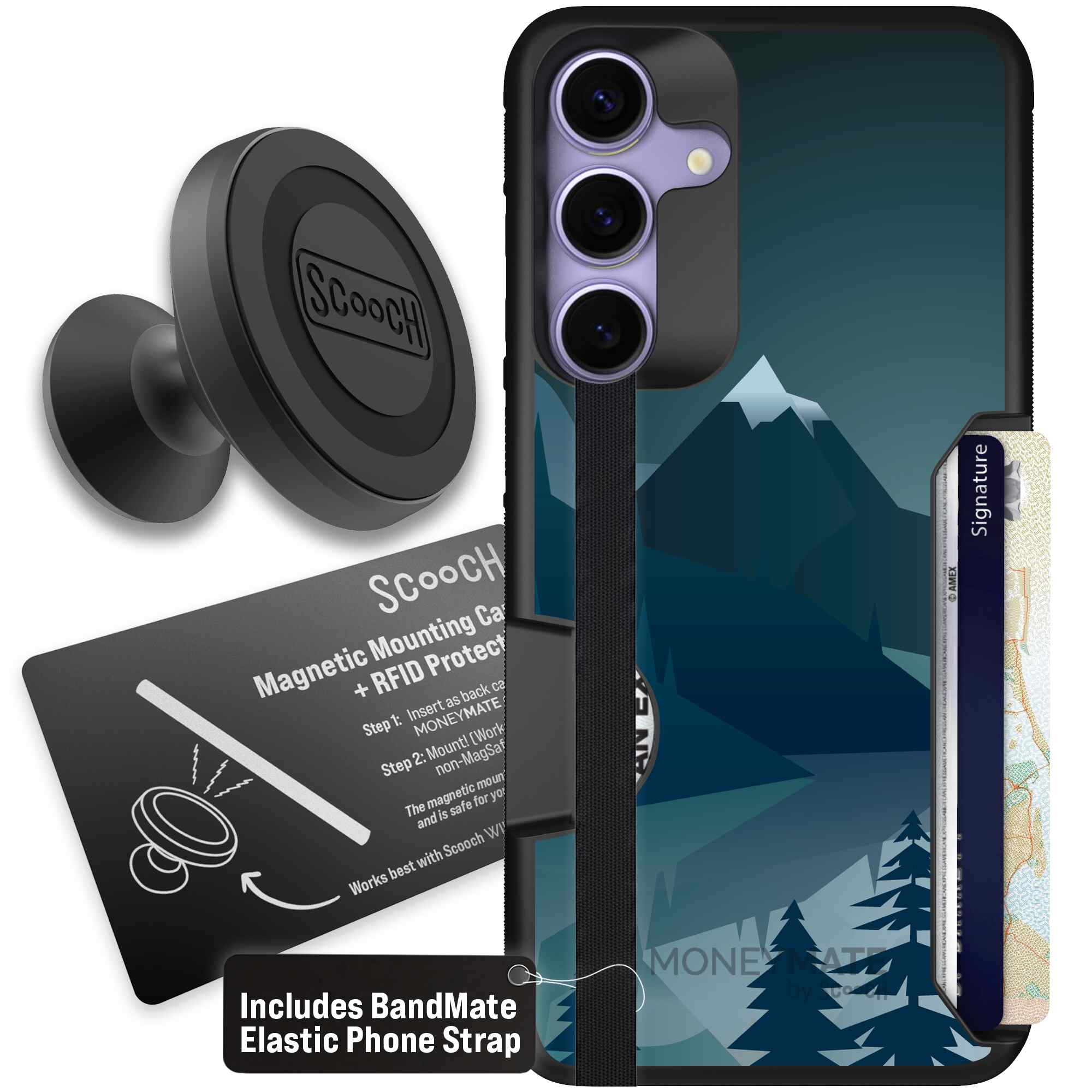 Midnight Ridge layered blue mountains and evergreen trees on a Scooch Moneymate case for Galaxy S25+ - Starter Bundle